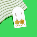 Handcut Brass Earrings on a White Arch Product Card with a squiggle on it - made by Squiggle Cutters in Northwest Arkansas - Local Jewelry in NWA