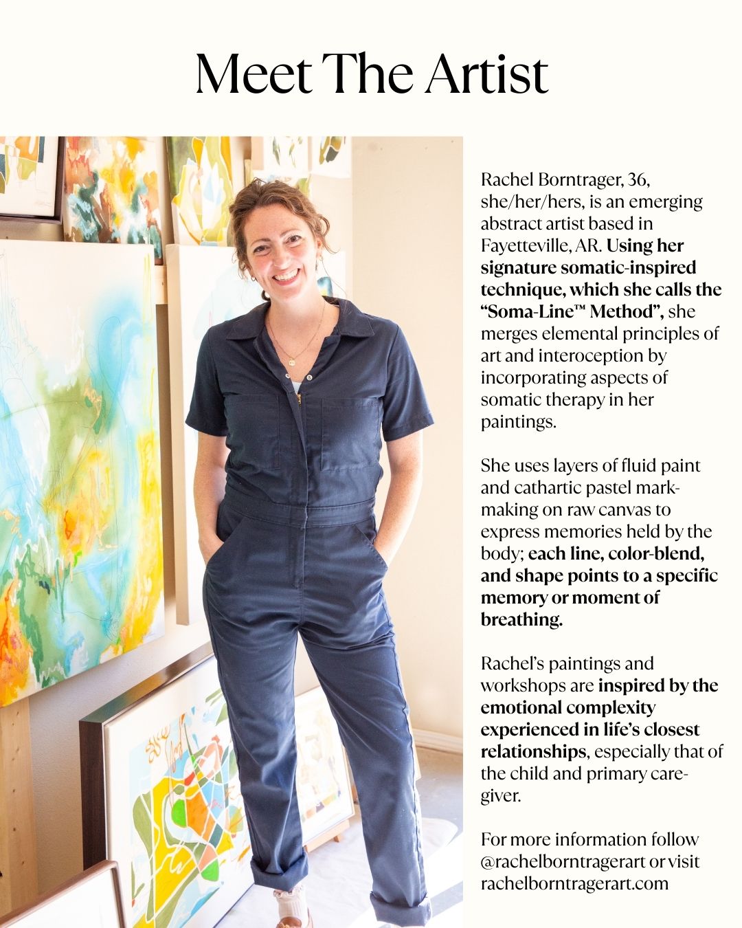 About the artist - female artist in blue jumpsuit painter smiling with her work behind her