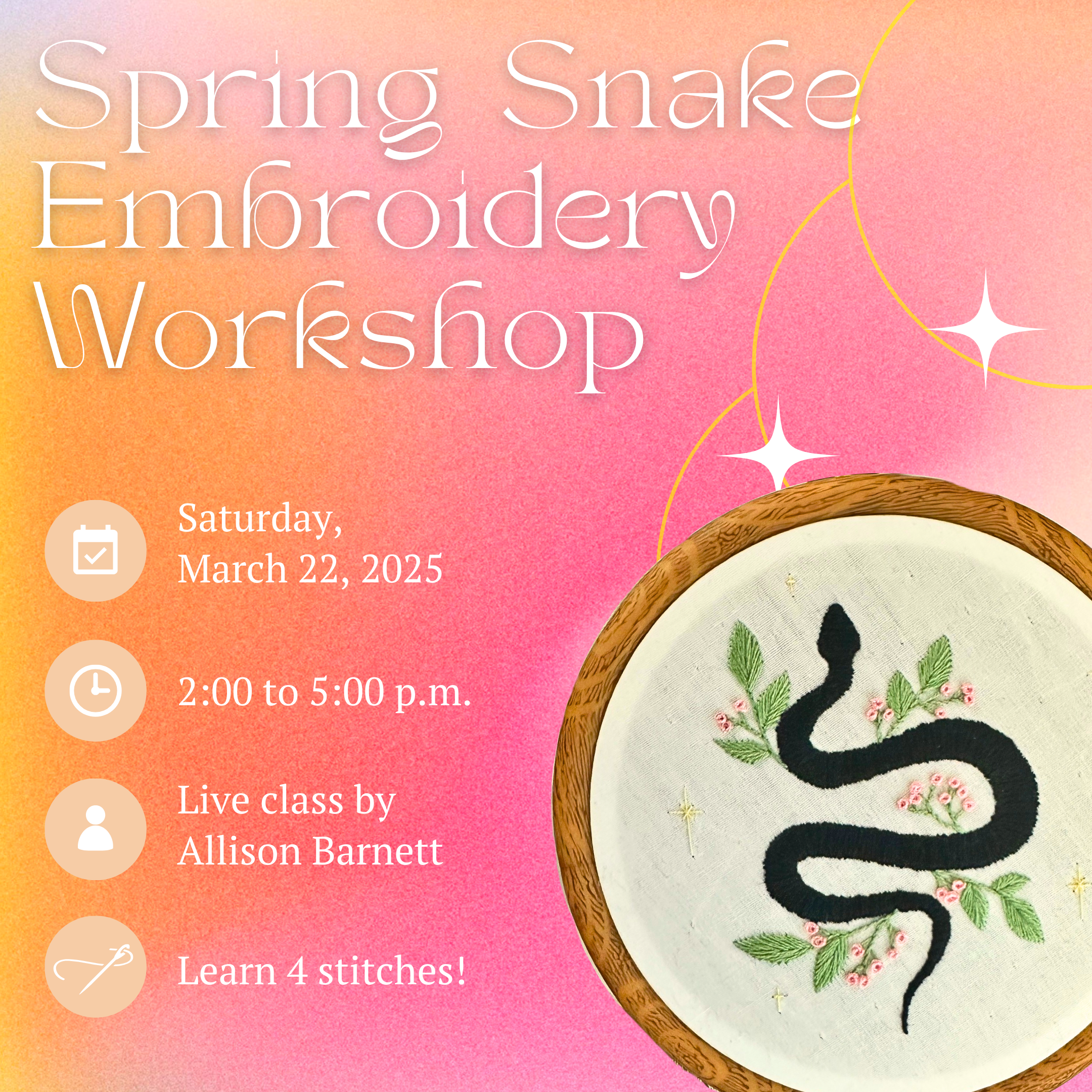 Spring Snake Hand Embroidery Workshop with FernWerks!