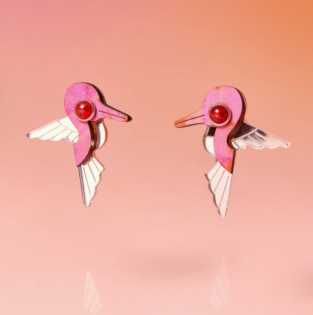 Tribe & Temple WS - Hummingbird Stud Earrings Recycled Painted Wood and Acrylic