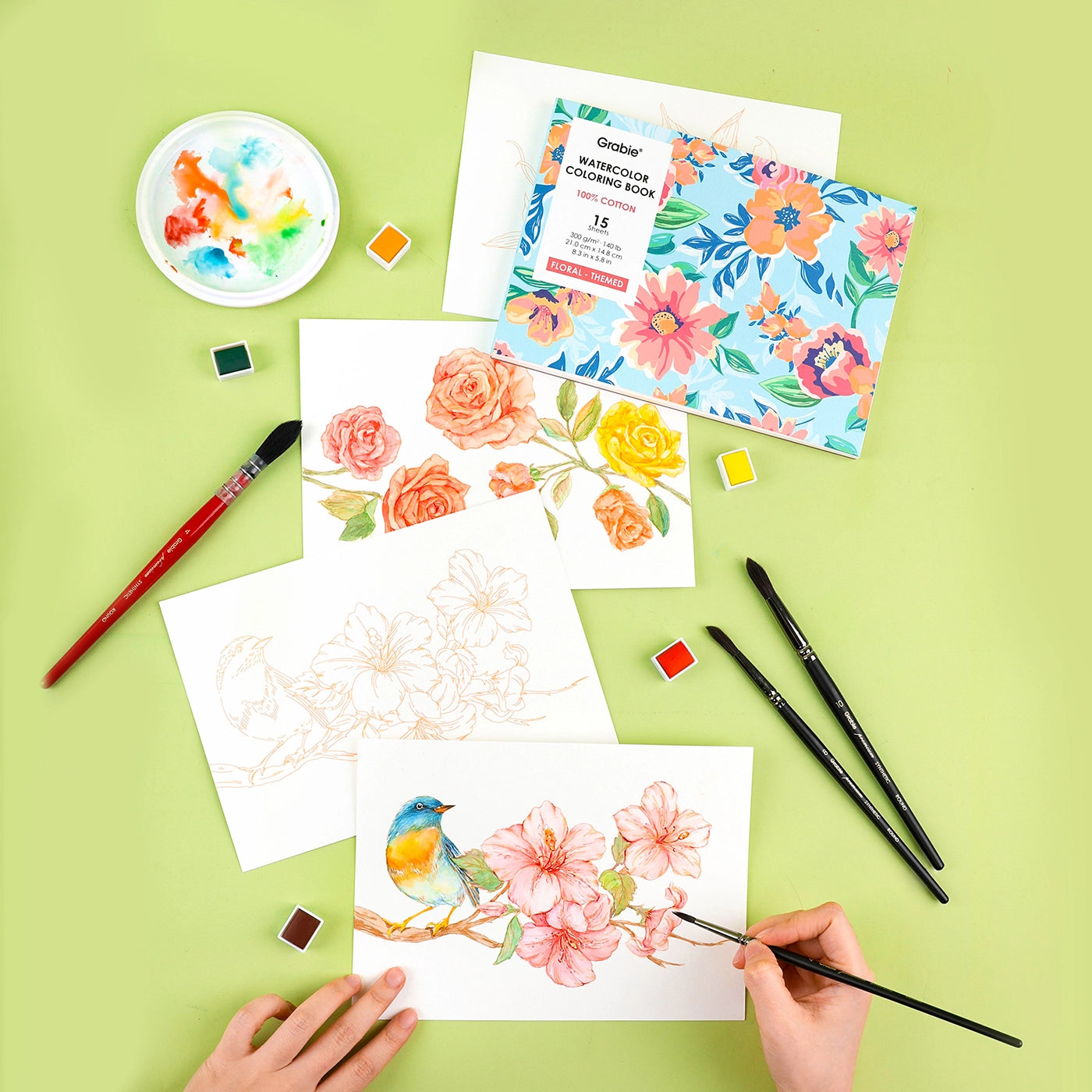 Grabie - Watercolor Coloring Book: Floral-Themed