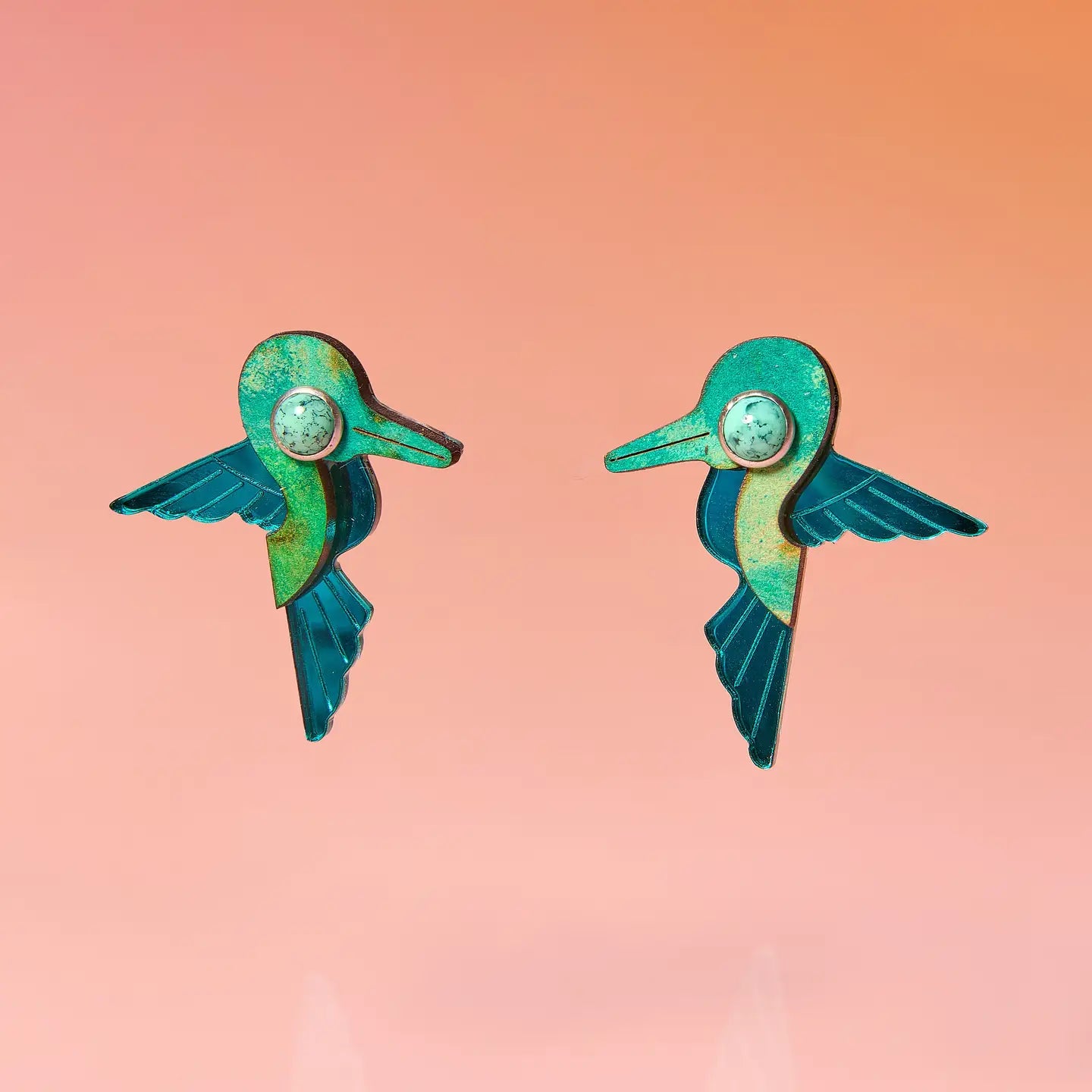 Tribe + Temple - Hummingbird Stud Earrings Recycled Painted Wood and Acrylic Green